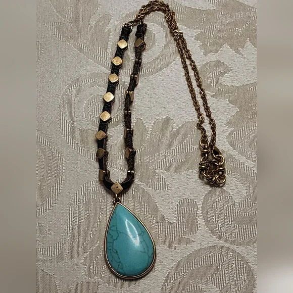 LUCKY BRAND Vintage Turquoise Teardrop Pendant Necklace – Brown Cord - Picture 2 of 6